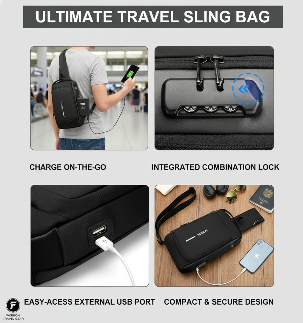 Urban Anti-Theft Sling Bag with USB Charging Port – Waterproof Smart Crossbody Backpack